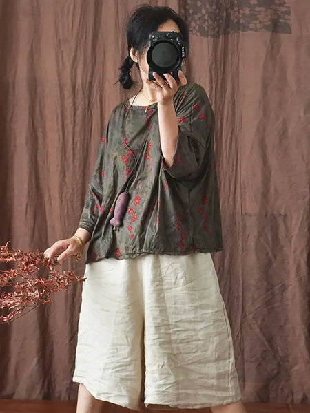 Women Vintage Spring Stripe Flower Cotton Shirt Ada Fashion