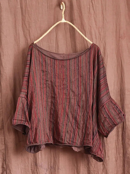 Women Vintage Spring Stripe Flower Cotton Shirt Ada Fashion