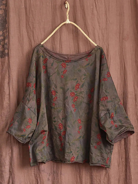 Women Vintage Spring Stripe Flower Cotton Shirt Ada Fashion