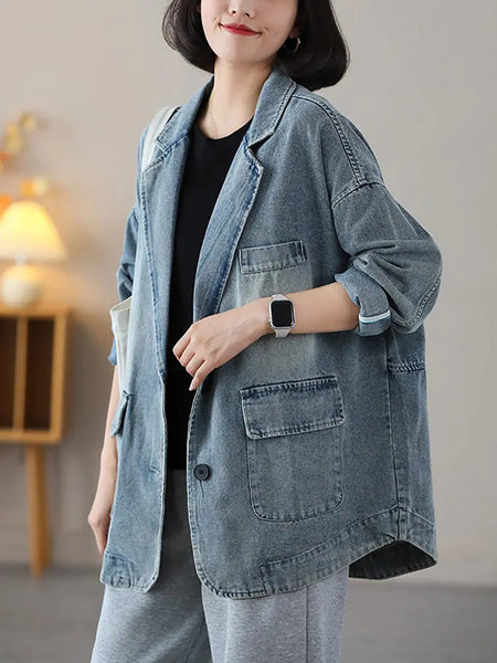 Women Vintage Spring Washed Denim Spliced Coat Ada Fashion