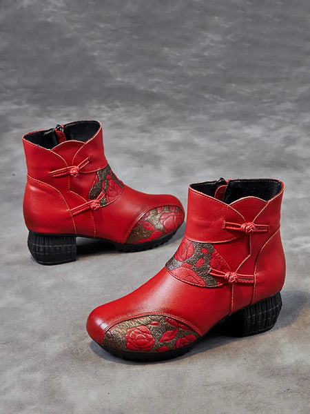 Women Vintage Winter Leather Flower Spliced Ankle Boots Ada Fashion