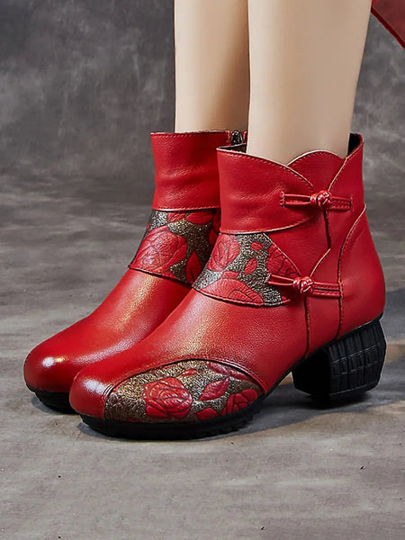 Women Vintage Winter Leather Flower Spliced Ankle Boots Ada Fashion
