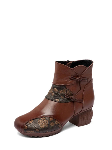 Women Vintage Winter Leather Flower Spliced Ankle Boots Ada Fashion