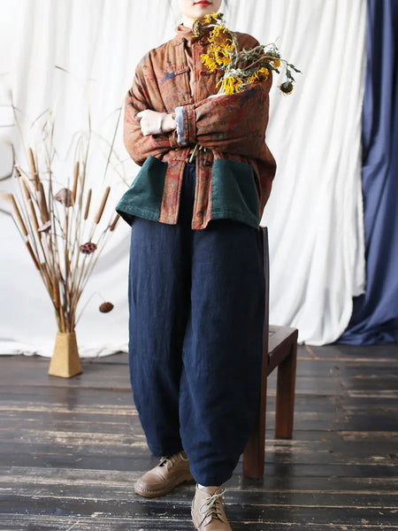 Women Vintage Winter Solid Ramie Padded Harem Pants Ada Fashion