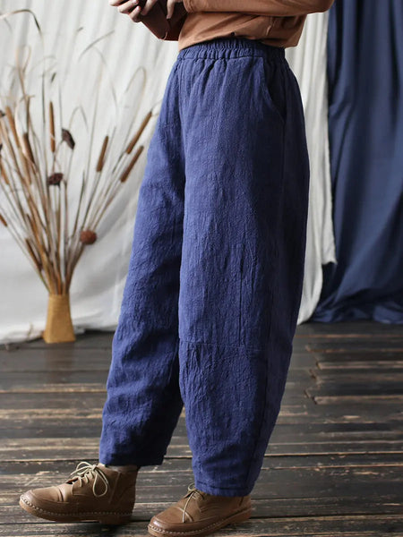Women Vintage Winter Solid Ramie Padded Harem Pants Ada Fashion