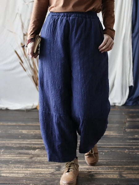 Women Vintage Winter Solid Ramie Padded Harem Pants Ada Fashion