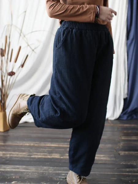 Women Vintage Winter Solid Ramie Padded Harem Pants Ada Fashion