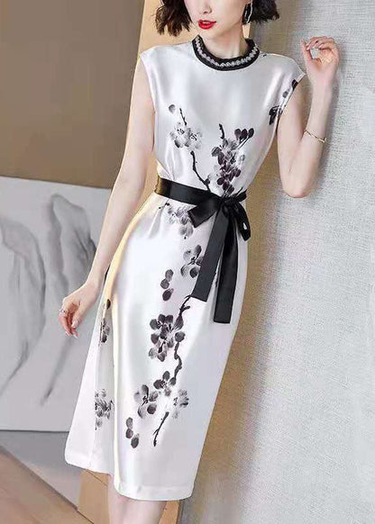 Women White Cinched Ink Print Silk Dresses Sleeveless LC0074