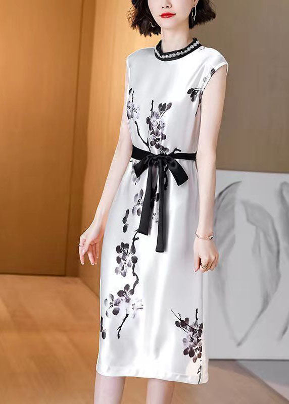 Women White Cinched Ink Print Silk Dresses Sleeveless LC0074