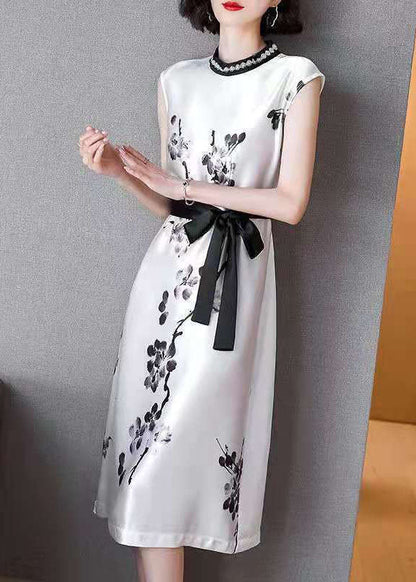 Women White Cinched Ink Print Silk Dresses Sleeveless LC0074