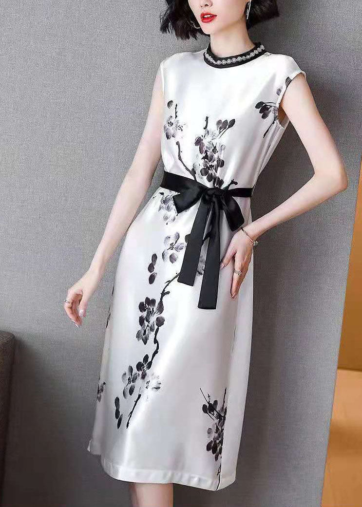 Women White Cinched Ink Print Silk Dresses Sleeveless LC0074