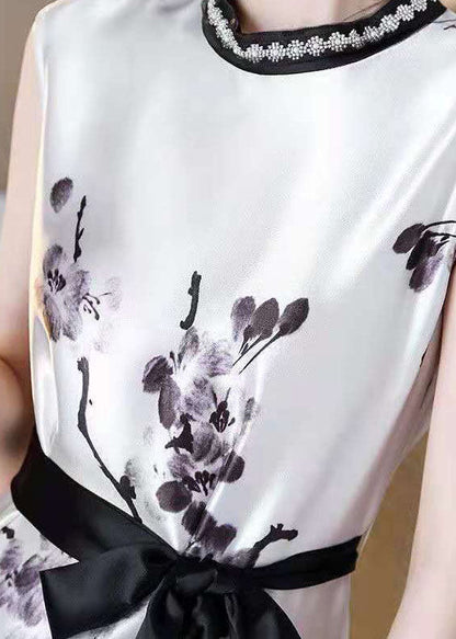 Women White Cinched Ink Print Silk Dresses Sleeveless LC0074