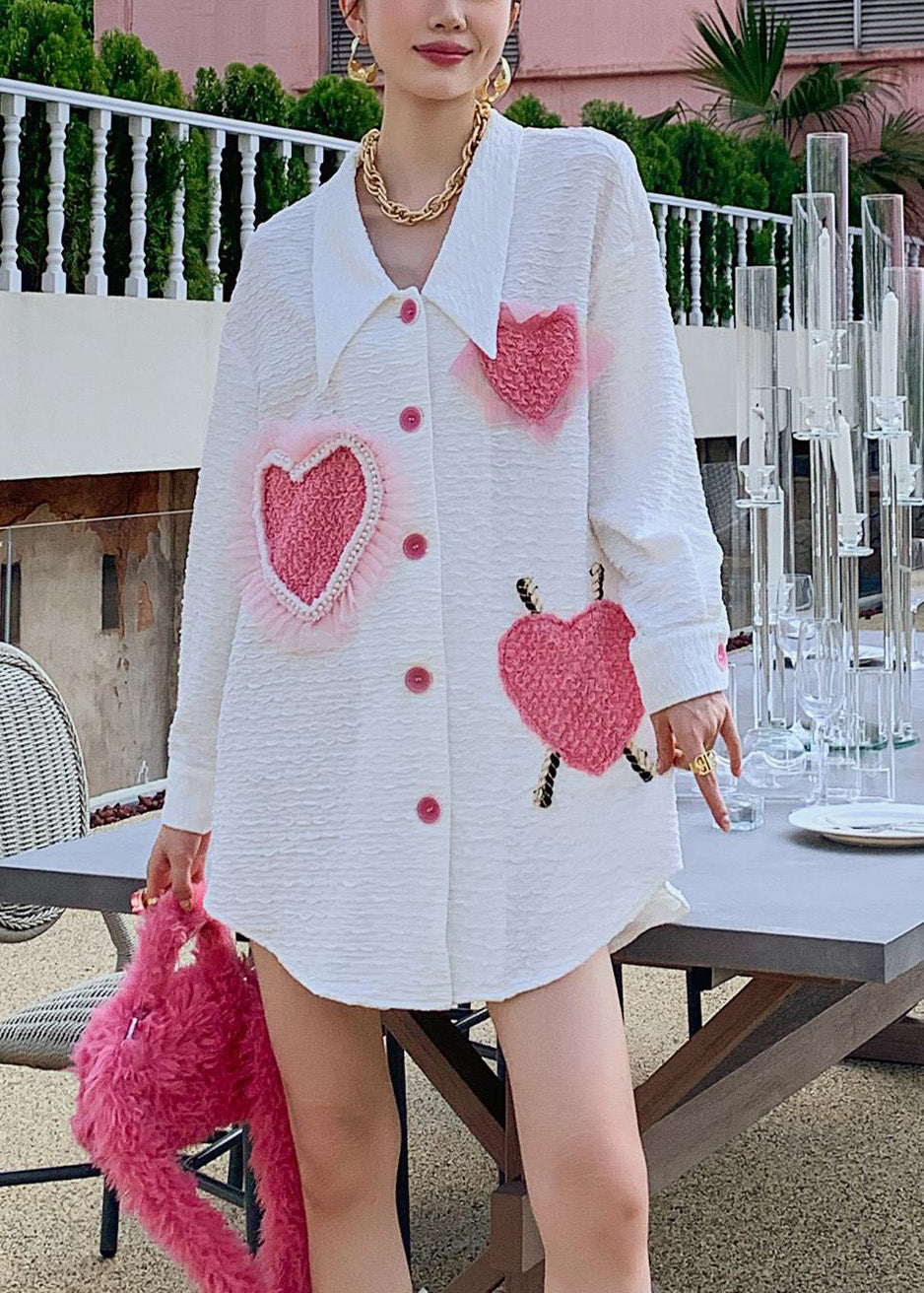 Women White Peter Pan Collar Embroideried Loving Heart Button Shirt Long Sleeve LY0750