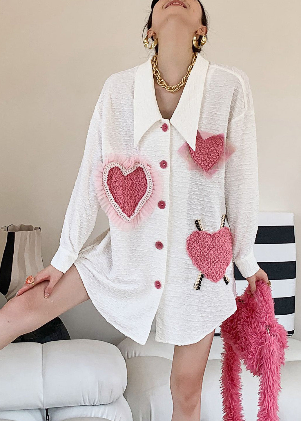 Women White Peter Pan Collar Embroideried Loving Heart Button Shirt Long Sleeve LY0750