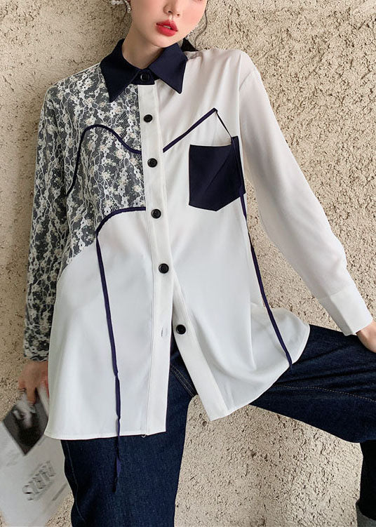 Women White Peter Pan Collar Lace Print Cotton Shirts Top Spring LY0774