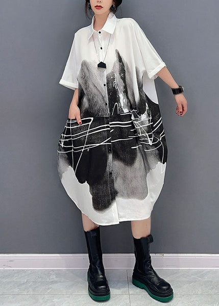 Women White Peter Pan Collar Print Cotton Shirts Dress Summer LC0329