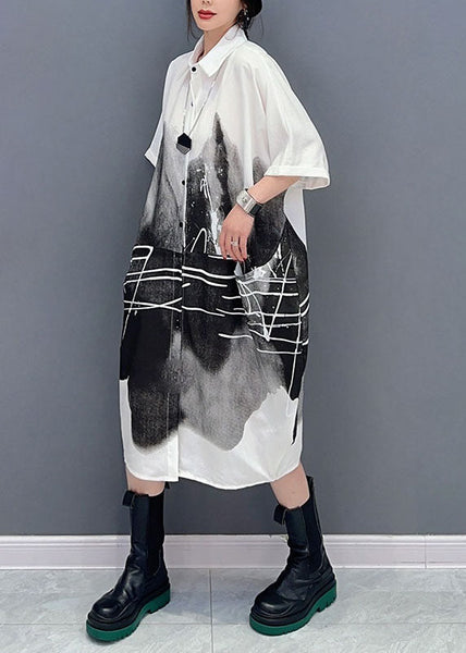 Women White Peter Pan Collar Print Cotton Shirts Dress Summer LC0329