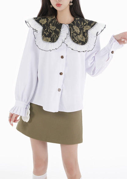 Women White Peter Pan Collar Shirts Tops And Skirts Cotton Two Pieces Set Spring LY0761