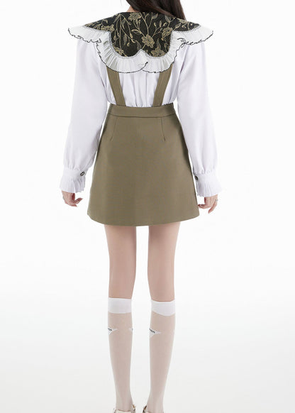 Women White Peter Pan Collar Shirts Tops And Skirts Cotton Two Pieces Set Spring LY0761