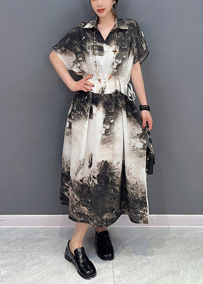 Women White Peter Pan Collar Tie Dye Cotton Cinched Dresses Summer LY0556