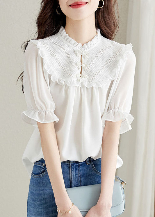 Women White Ruffled Chinese Button Patchwork Chiffon Shirt Top Summer TQ1059