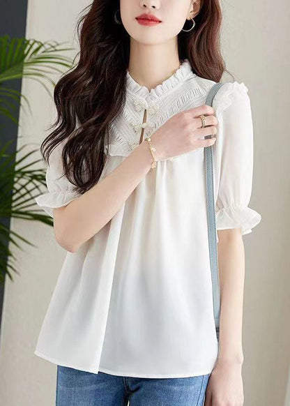 Women White Ruffled Chinese Button Patchwork Chiffon Shirt Top Summer TQ1059