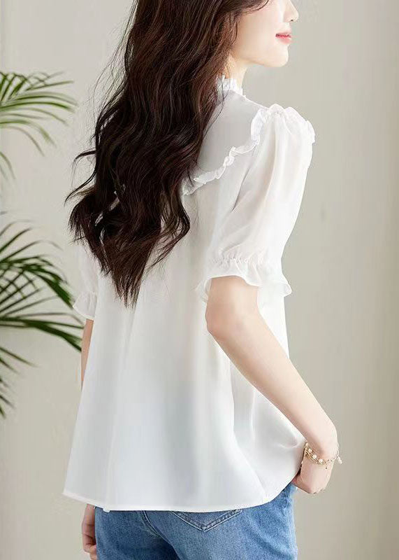 Women White Ruffled Chinese Button Patchwork Chiffon Shirt Top Summer TQ1059