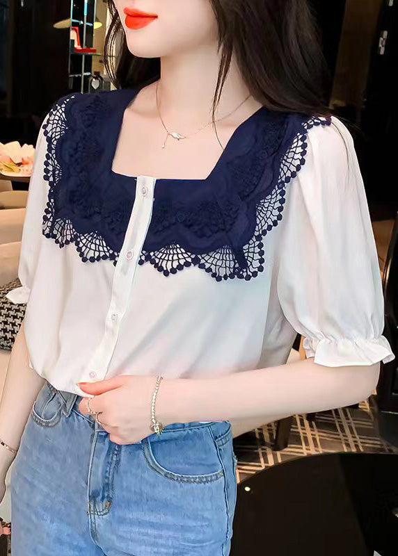 Women White Square Collar Lace Patchwork Button Shirt Short Sleeve LY0396