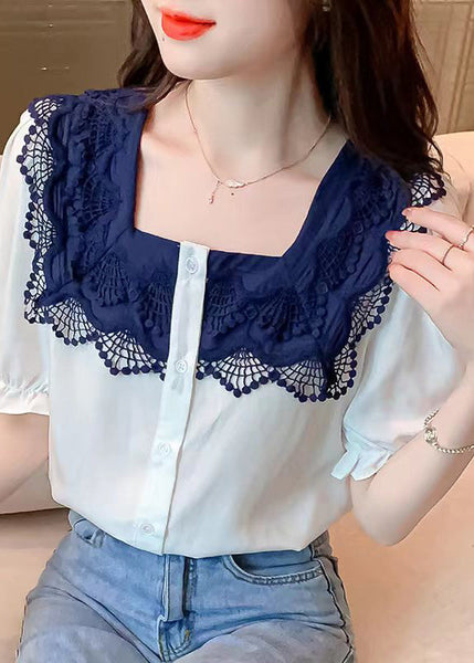 Women White Square Collar Lace Patchwork Button Shirt Short Sleeve LY0396
