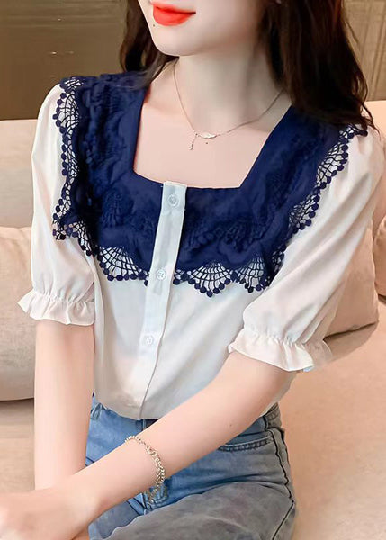Women White Square Collar Lace Patchwork Button Shirt Short Sleeve LY0396