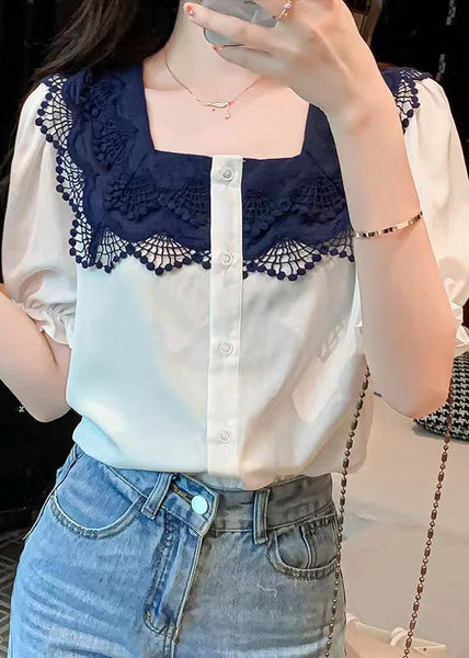 Women White Square Collar Lace Patchwork Button Shirt Short Sleeve LY0396