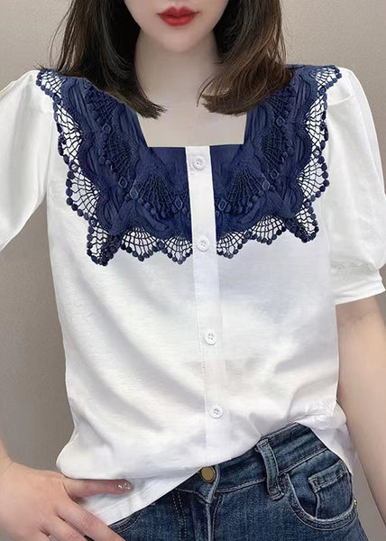 Women White Square Collar Lace Patchwork Button Shirt Short Sleeve LY0396