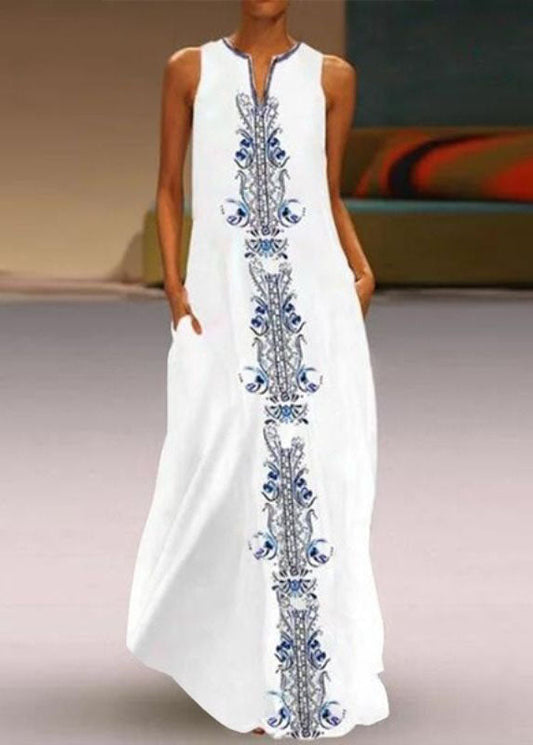 Women White V Neck Print Chiffon Vacation Dresses Summer LY1929