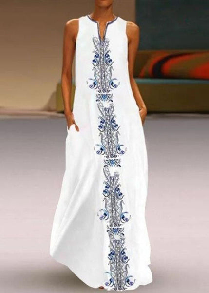 Women White V Neck Print Chiffon Vacation Dresses Summer LY1929