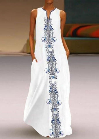 Women White V Neck Print Chiffon Vacation Dresses Summer LY1929