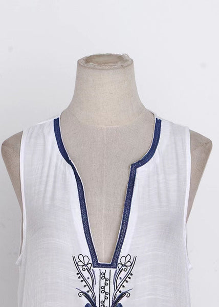 Women White V Neck Print Chiffon Vacation Dresses Summer LY1929