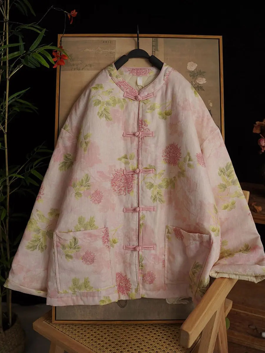 Women Winter Artsy Flower Pink Linen Coat Ada Fashion