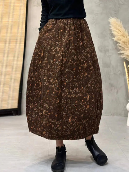 Women Winter Retro Flower A-shape Padded Skirt Ada Fashion