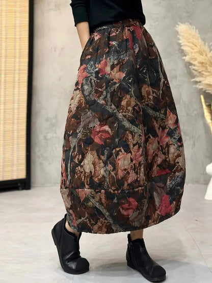 Women Winter Retro Flower A-shape Padded Skirt Ada Fashion