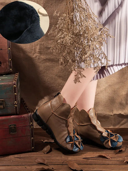 Women Winter Retro Leather Flower Spliced Ankle Boots Ada Fashion