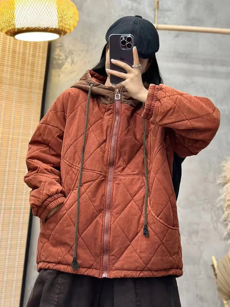 Women Winter Rhomboids Colorblock Cotton Hooded Coat Ada Fashion