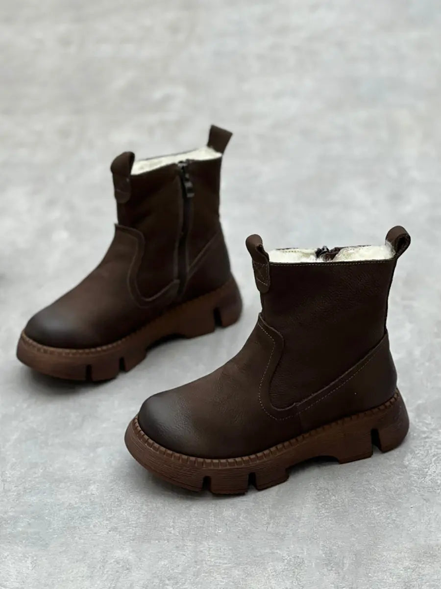 Women Winter Solid Leather Fleece-lined Ankle Boots Ada Fashion