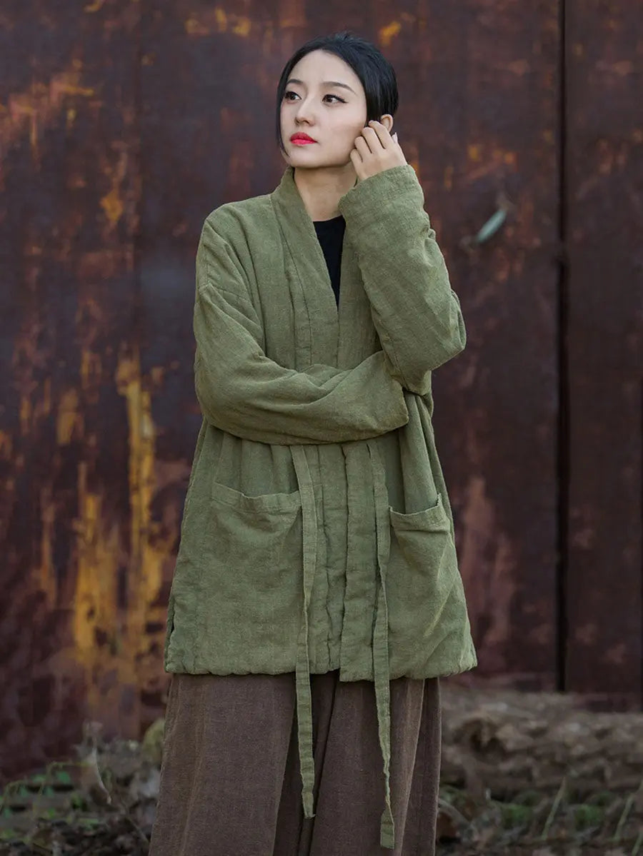 Women Winter Vintage Solid Drawstring Cotton Padded Coat Ada Fashion