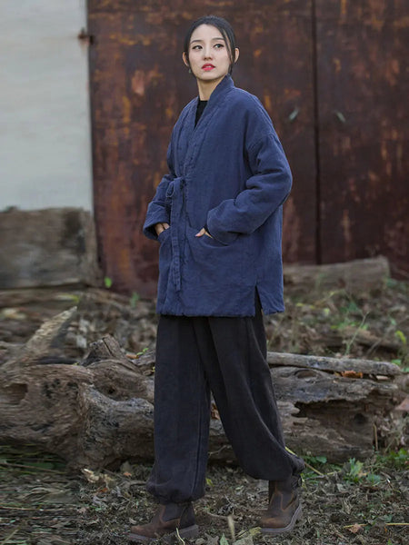 Women Winter Vintage Solid Drawstring Cotton Padded Coat Ada Fashion