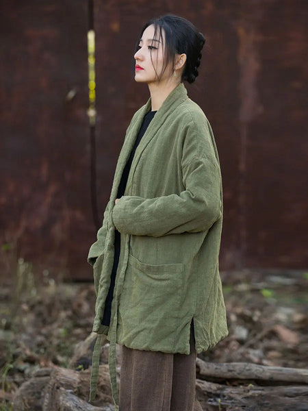 Women Winter Vintage Solid Drawstring Cotton Padded Coat Ada Fashion