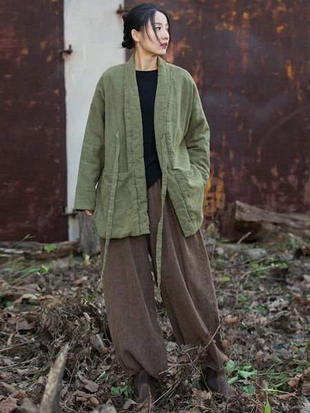 Women Winter Vintage Solid Drawstring Cotton Padded Coat Ada Fashion