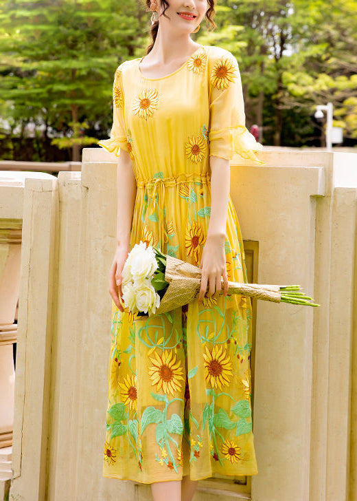 Women Yellow Daisy Embroideried Tie Waist Silk Vacation Dresses Flare Sleeve LY1002