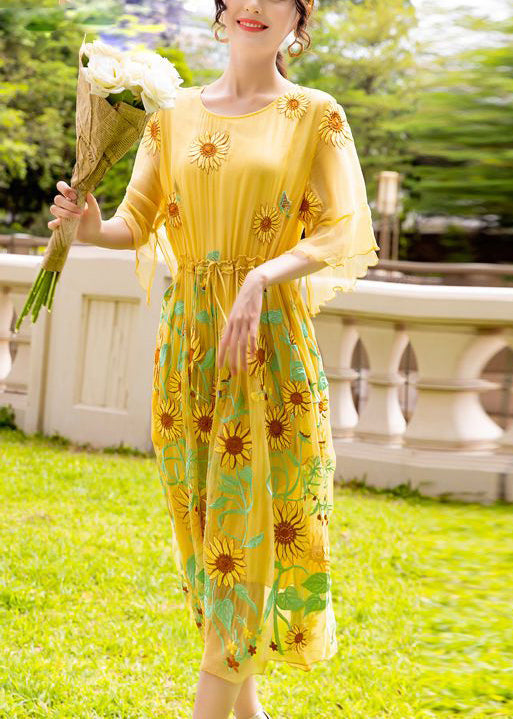 Women Yellow Daisy Embroideried Tie Waist Silk Vacation Dresses Flare Sleeve LY1002