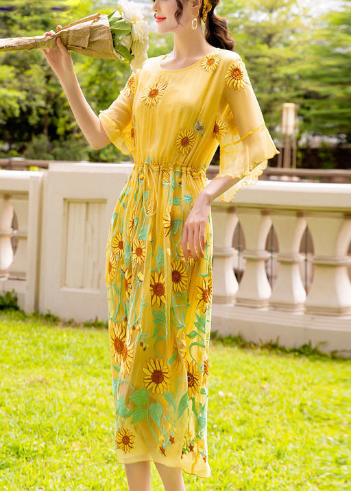 Women Yellow Daisy Embroideried Tie Waist Silk Vacation Dresses Flare Sleeve LY1002