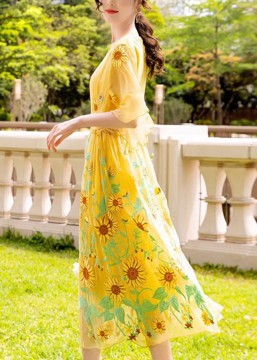 Women Yellow Daisy Embroideried Tie Waist Silk Vacation Dresses Flare Sleeve LY1002